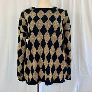 Vintage Black and Gold Diamond Pattern Crew Neck Sweater